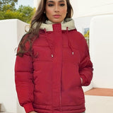 vlovelaw  Solid Color Cotton-padded Jacket Coat, Casual Long Sleeve Hooded Warm Coat, Women's Clothing