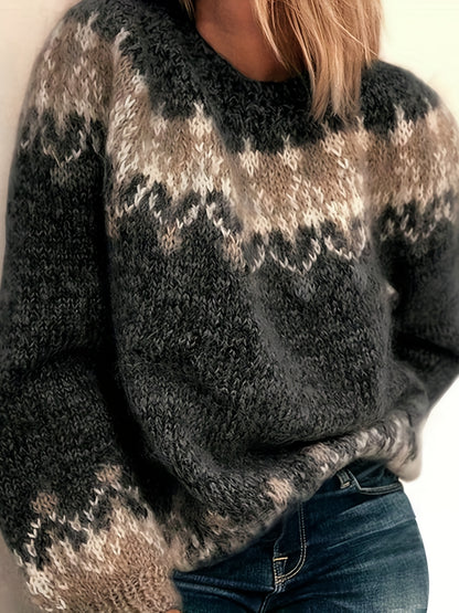 Color Block Mohair Chunky Knit Pullover Sweater, Casual Long Sleeve Raglan Shoulder Sweater For Fall  & Winter, Women's Clothing