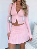 vlovelaw  Elegant Solid Two-piece Skirt Set, Crop Zipper Long Sleeve Top & Pleated Slim Skirt Outfits, Women's Clothing