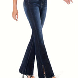 vlovelaw  Slant Pockets Washed Flare Jeans, Mid-Stretch Versatile Bell Bottom Jeans, Women's Denim Jeans & Clothing