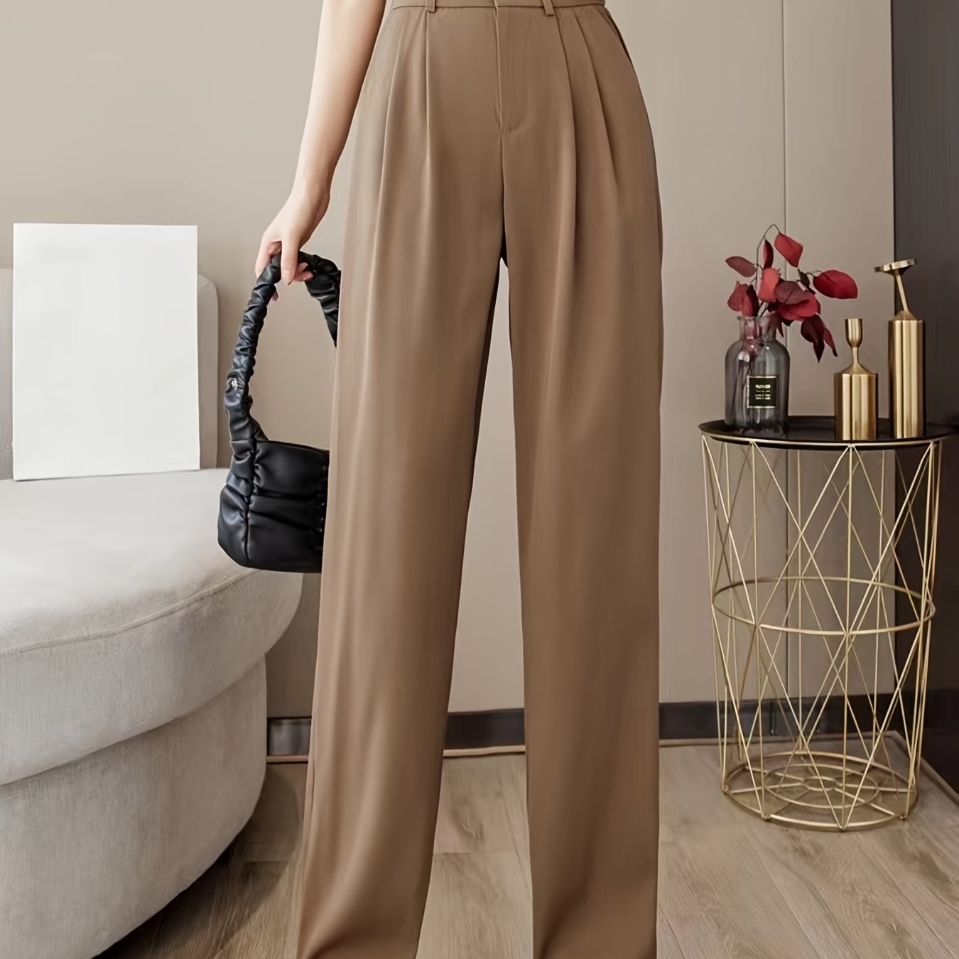 vlovelaw  Solid High Waist Draped Long Length Pants, Casual Loose Spring & Autumn Pants, Women's Clothing