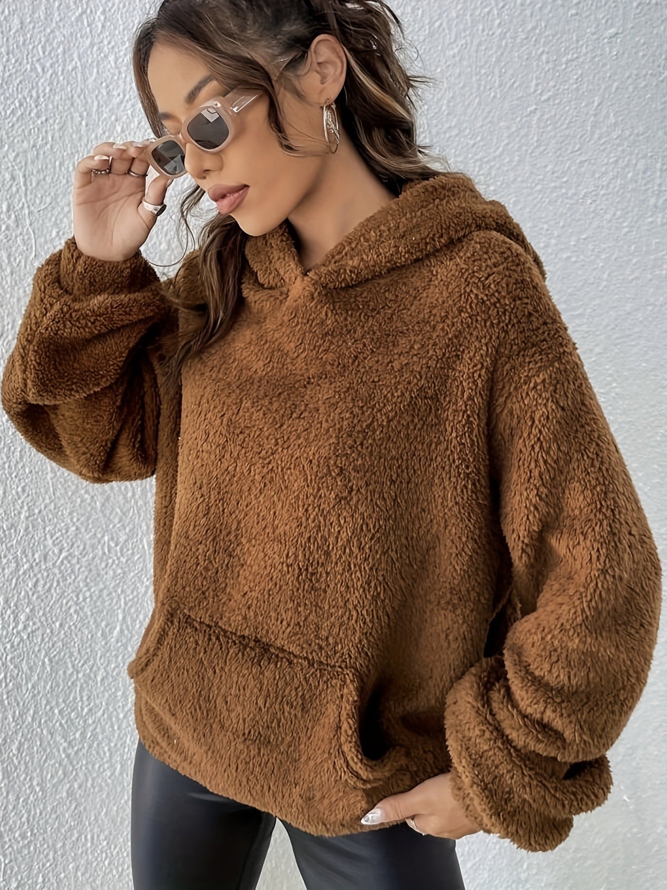 vlovelaw Bear Ear Pocket Plush Hoodie, Casual Long Sleeve Hooded Sweatshirt, Women's Clothing