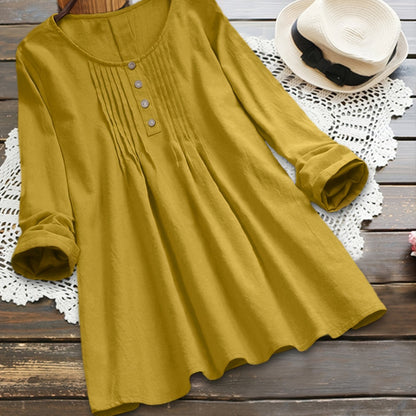 Plus Size Button Decoration Round Neck Oversized Blouse, Women's Plus Ruched Front Women Tops