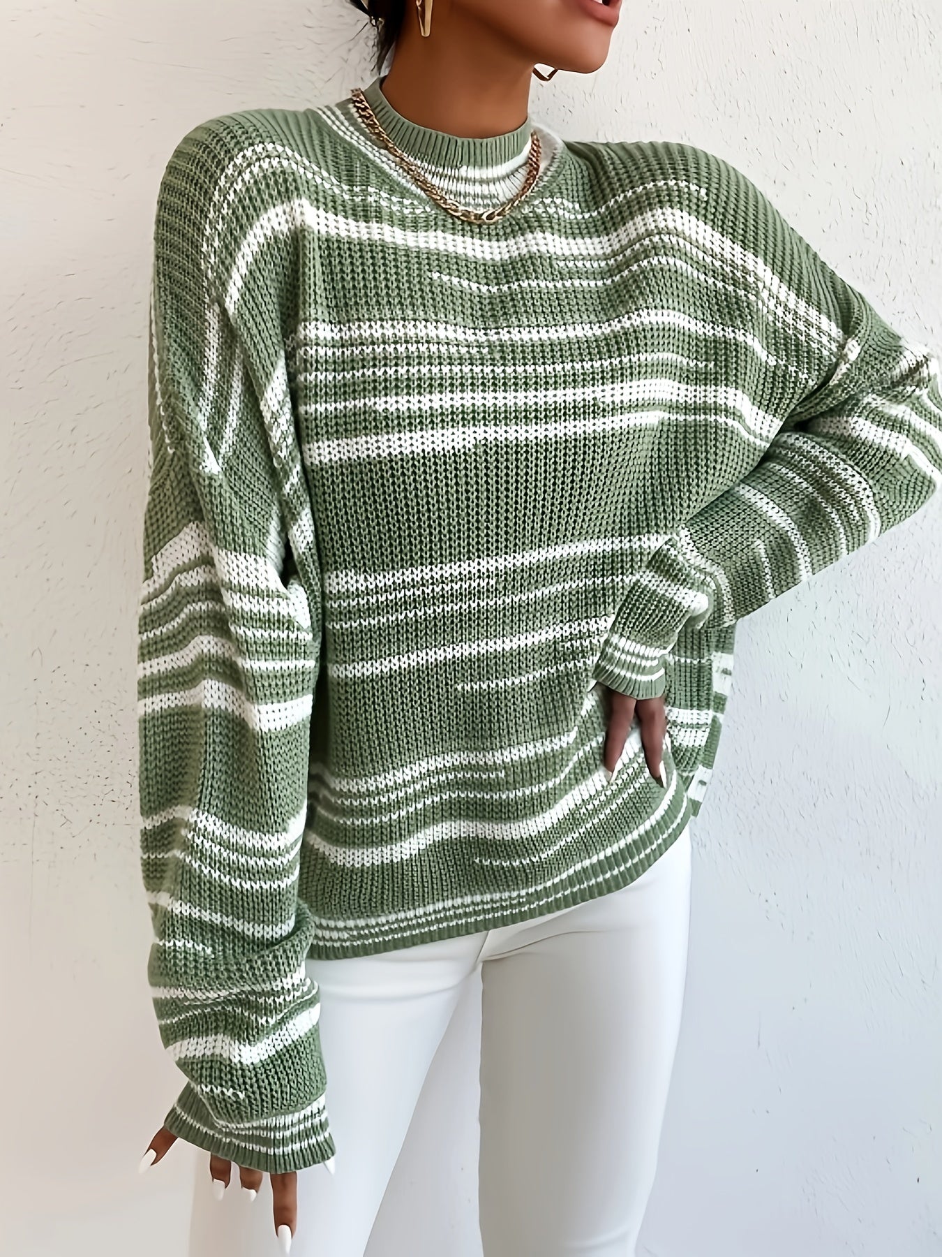 vlovelaw  Striped Crew Neck Pullover Sweater, Casual Long Sleeve Drop Shoulder Loose Sweater, Women's Clothing