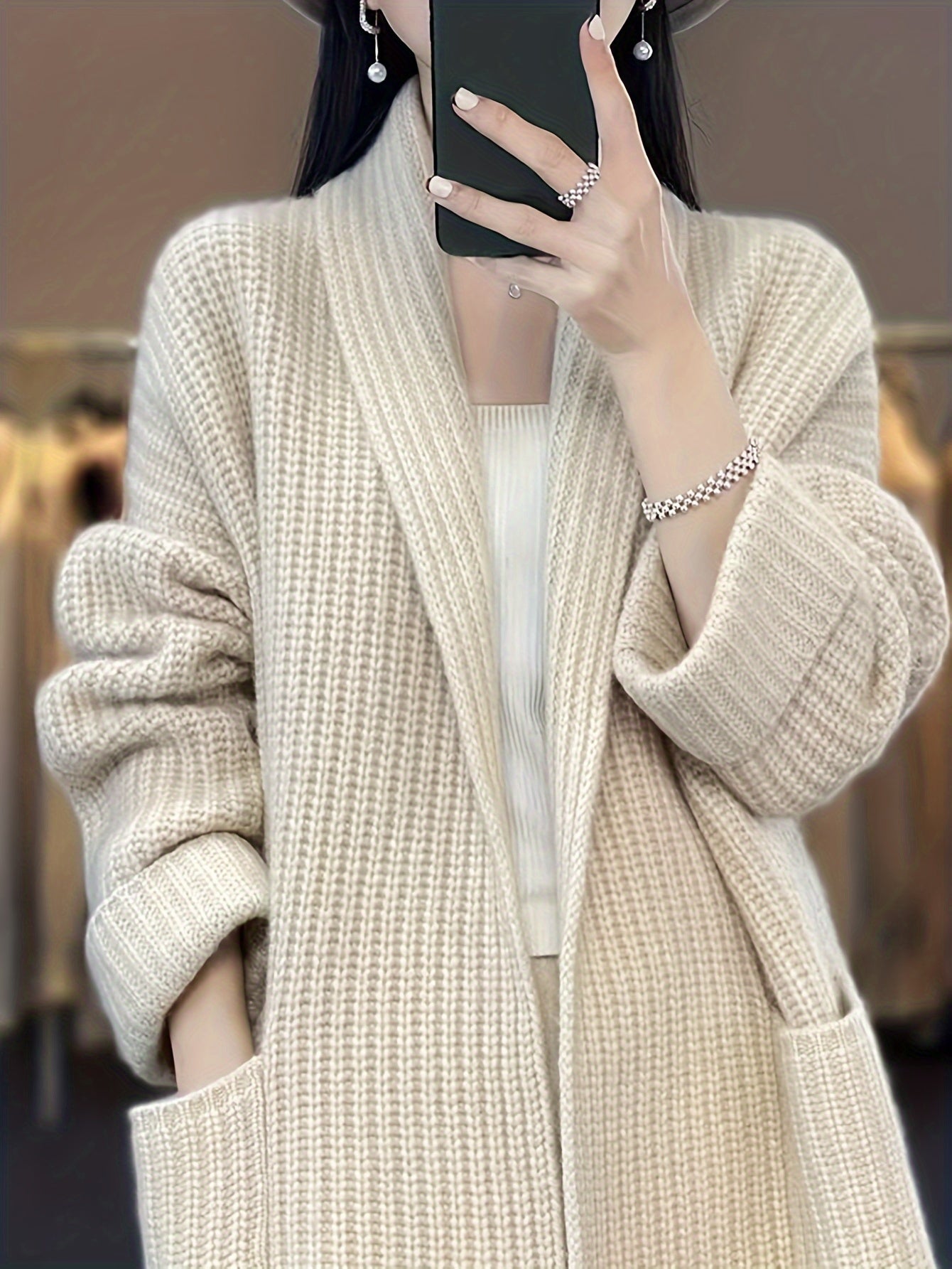 vlovelaw  Solid Open Front Knit Cardigan, Casual Long Sleeve Oversized Sweater Coat With Pocket, Women's Clothing