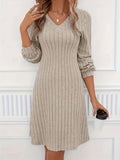 vlovelaw  Ribbed V Neck Dress, Elegant Long Sleeve Dress, Women's Clothing