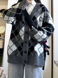 vlovelaw Plaid Button Down Knit Cardigan, Preppy Long Sleeve Loose Sweater With Pocket, Women's Clothing