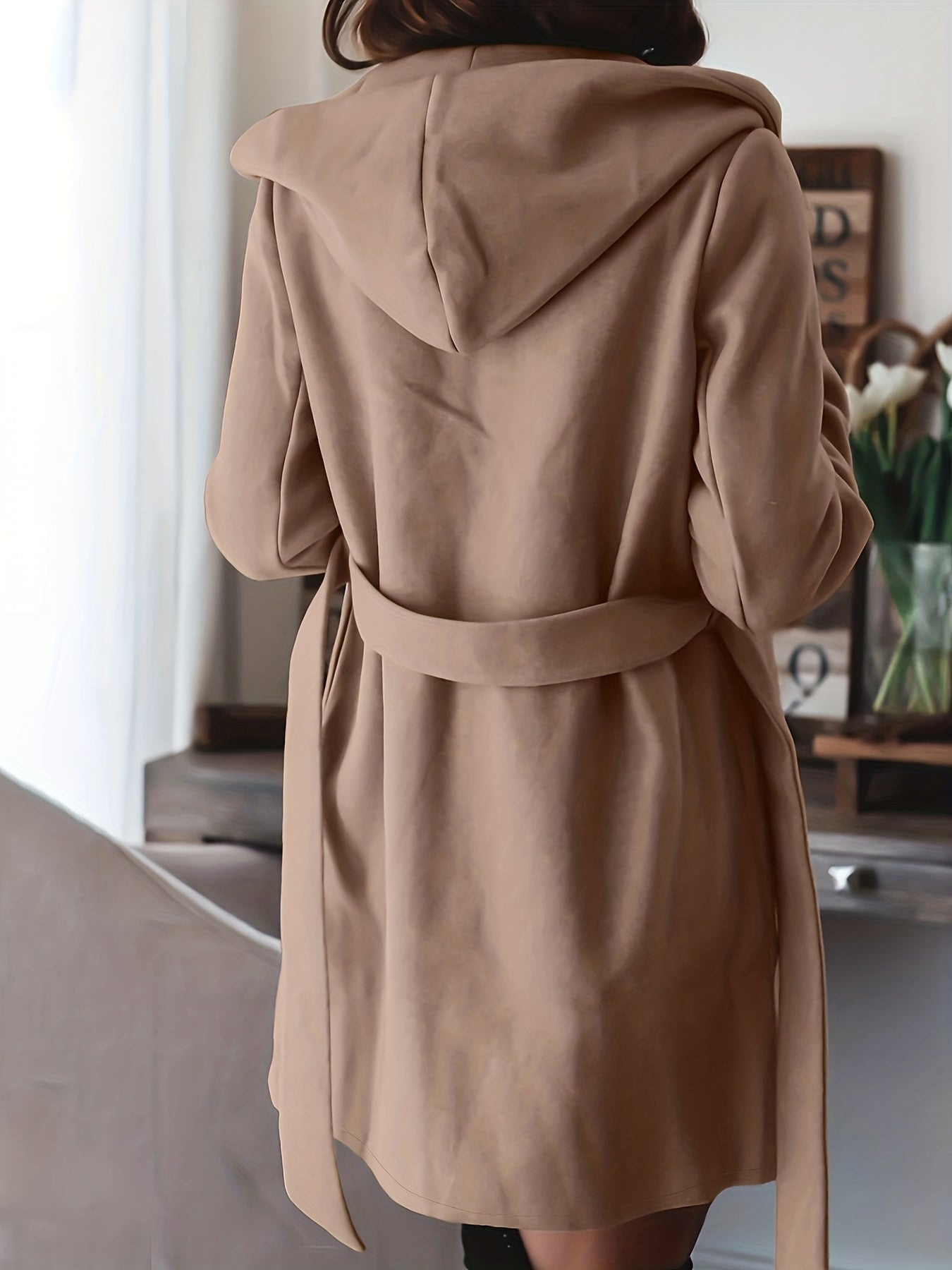 Solid Color Double Lapel With Hood Trench Coat, Casual Fall Winter Jacket, Women's Clothing