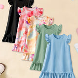 5pcs Girls Charming Ruffle Sleeve Dress Set - Versatile Plain Colors for Everyday Casual Wear, Ideal Summer Style & Gift