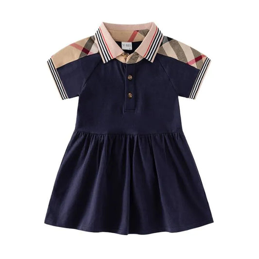 Summer Baby Girls Princess Dresses Cotton Kids Short Sleeve Plaid Dress Girl Turn-Down Collar Dress Children Skirt