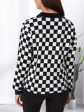 Checkerboard Print Bomber Jacket, Casual Zip Up Long Sleeve Outerwear, Women's Clothing