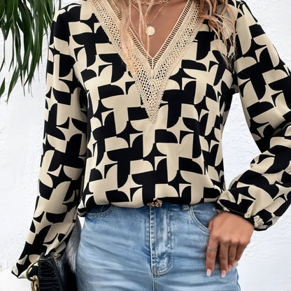 vlovelaw  Guipure Lace Geo Print Blouse, Elegant V Neck Long Sleeve Blouse, Women's Clothing