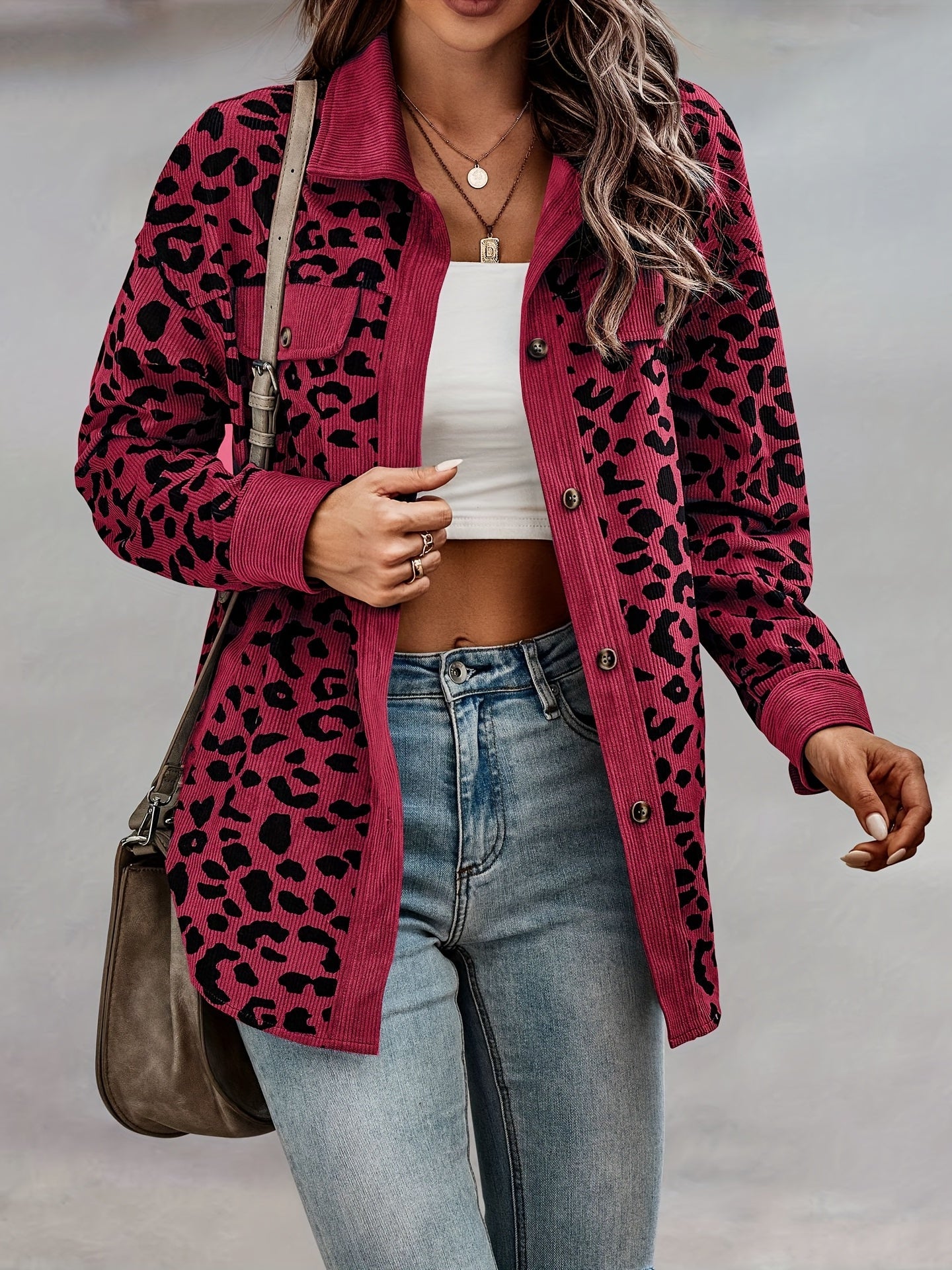 vlovelaw  Leopard Print Shacket Jacket, Casual Button Front Turn Down Collar Long Sleeve Outerwear, Women's Clothing