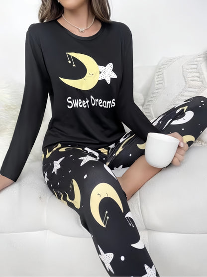 vlovelaw  Moon & Star Print Lounge Set, Long Sleeve Crew Neck Top & Elastic Waistband Pants, Women's Loungewear & Sleepwear