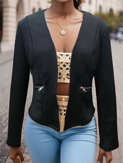 Solid Lapel Zipper Long Sleeve Blazer Jacket, Elegant Spring & Fall Commuter Slim Outerwear, Women's Clothing