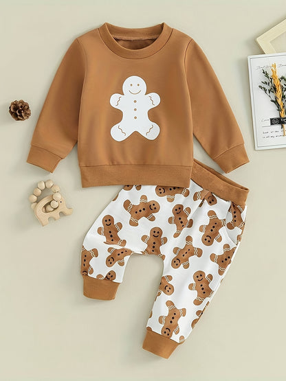 2pcs Toddler Baby Cute Christmas Cartoon Gingerbread Print Long Sleeve Sweatshirt & Pants Outdoor Set, Winter Autumn