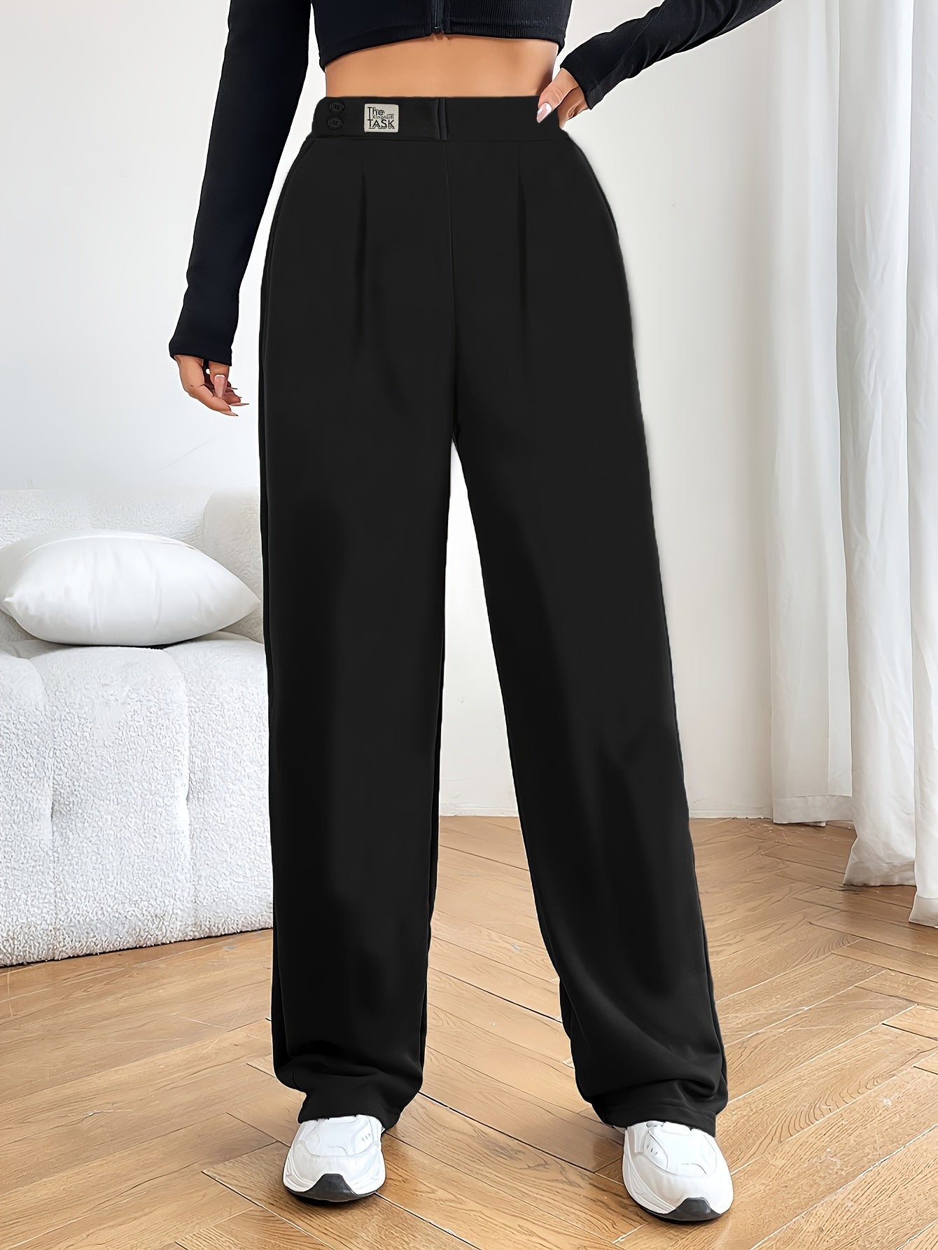 vlovelaw  Plus Size Sports Pants, Women's Plus Plain Black Double Buttons Waist Detail High Stretch Slash Pockets Pants