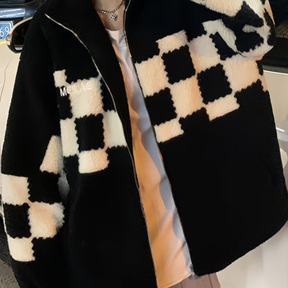 Women's Checkered Print Oversized Plush Coat, Casual Winter Jacket For Outdoors, Women's Clothing