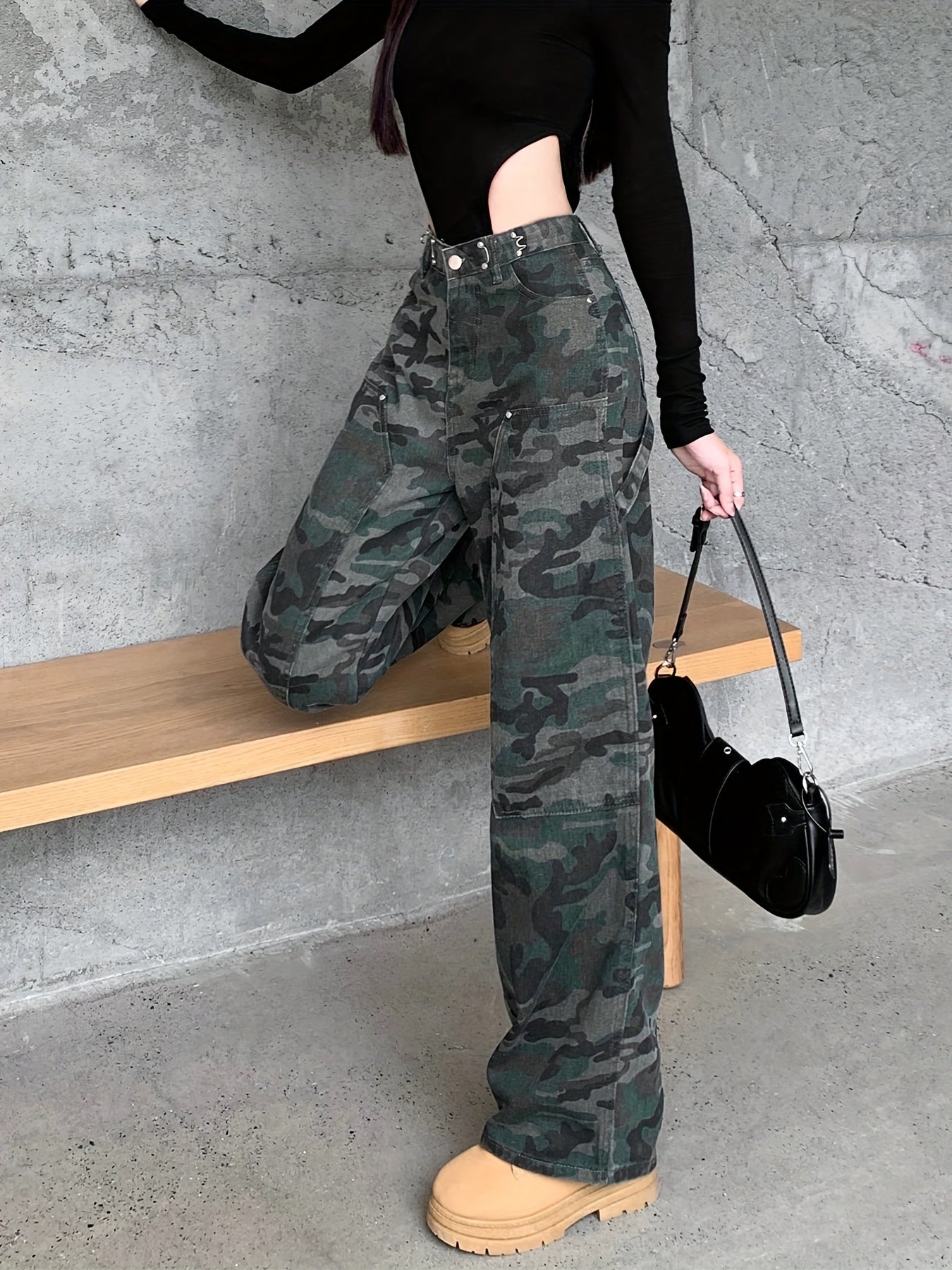 vlovelaw  Camouflage Buckle Waist Adjustable Cargo Jeans, High Rise Loose Casual Denim Pants, Women's Denim Jeans & Clothing