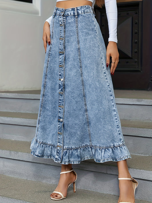 vlovelaw  Blue Ruffle Hem Denim Midi Skirt, Single Breasted Button Washed Elegant Denim Skirt, Women's Denim Clothing