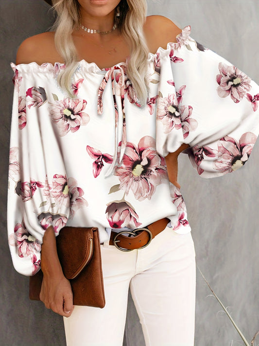 vlovelaw  Floral Print Off Shoulder Blouse, Sexy Ruffle Trim Long Sleeve Blouse, Women's Clothing