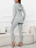 Solid Casual Knitted Two-piece Set, Long Sleeve Split Hooded Top & Skinny Pants Outfits, Women's Clothing