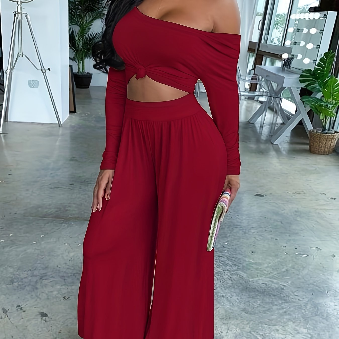 vlovelaw Casual Solid Two-piece Set, Long Sleeve Crop Top & Wide Leg Pants Outfits, Women's Clothing