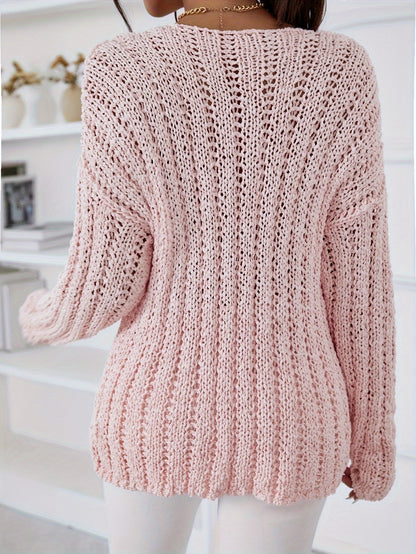 vlovelaw  Solid Eyelet V Neck Pullover Sweater, Casual Long Sleeve Drop Shoulder Knit Sweater, Women's Clothing