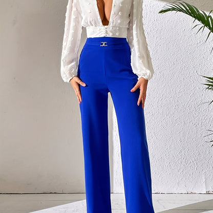 vlovelaw High Waist Tailored Pants, Elegant Solid Wide Leg Work Office Pants For Spring & Summer, Women's Clothing