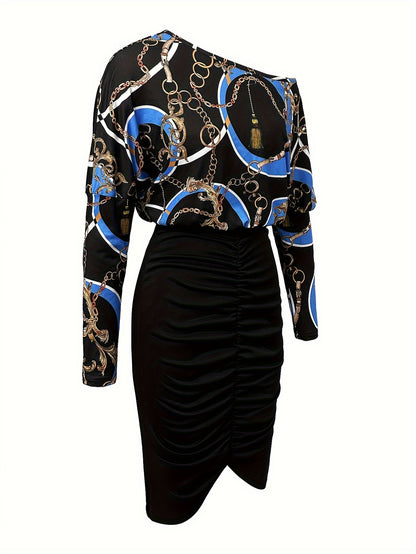 Chain Print Ruched Dress, Elegant Slanted Shoulder Long Sleeve Dress, Women's Clothing