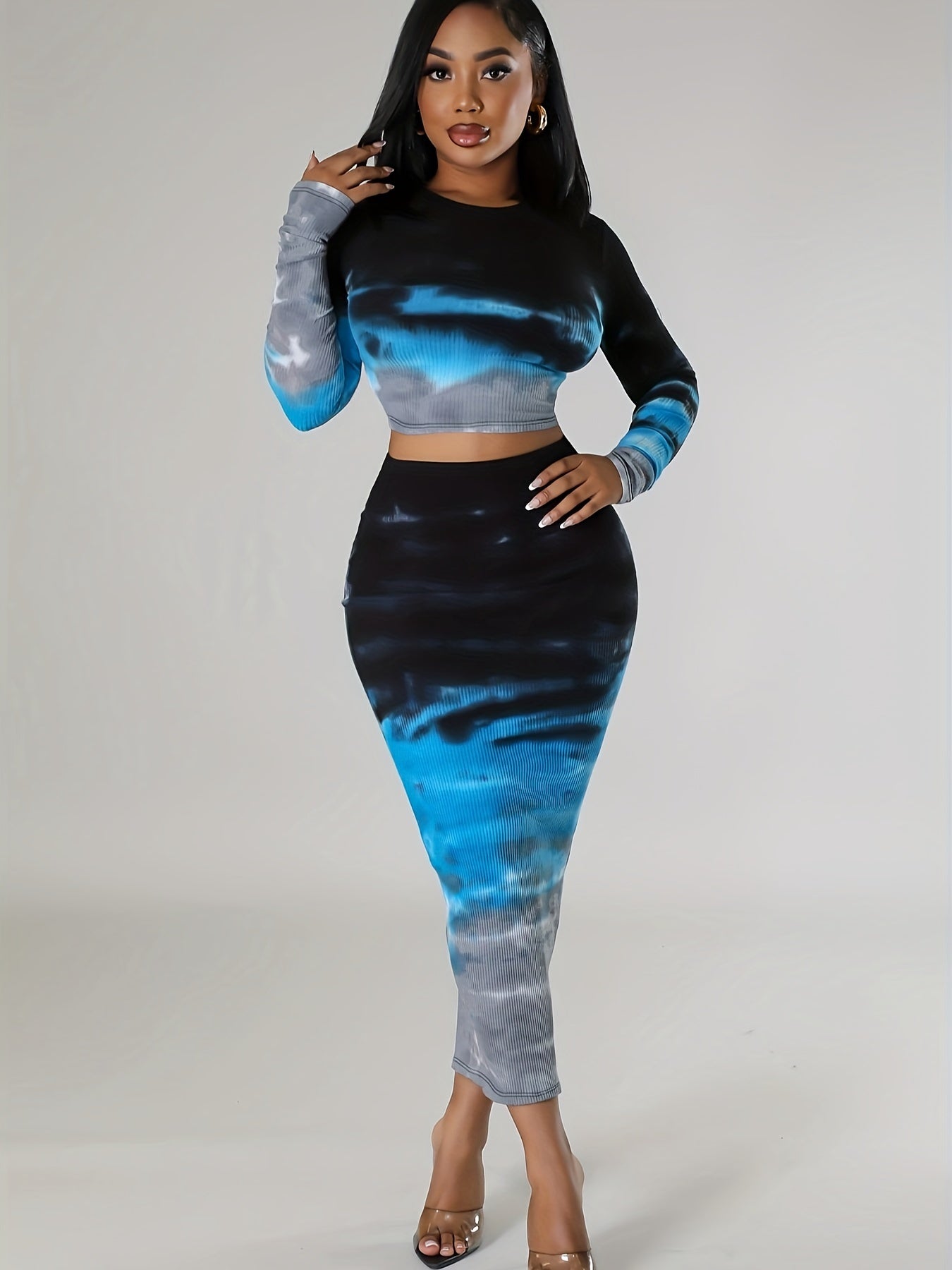 vlovelaw  Tie Dye Slim Two-piece Set, Long Sleeve Crop Top & Skirt Outfits, Women's Clothing