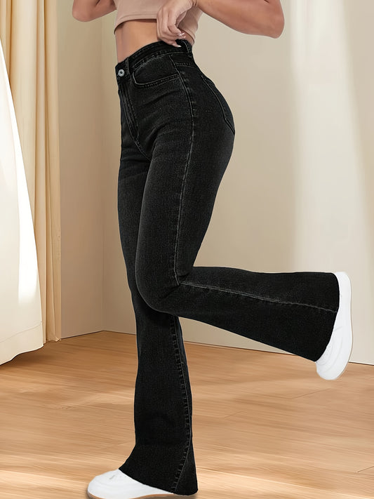 vlovelaw Black Slant Pockets Flare Jeans, High Stretch Washed Bell Bottom Jeans, Women's Denim Jeans & Clothing