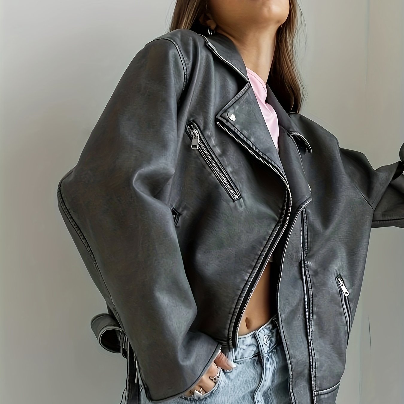 Vintage Lapel Belted Biker Jacket, Long Sleeve Slant Zipper Pockets Loose Jacket, Women's Clothing