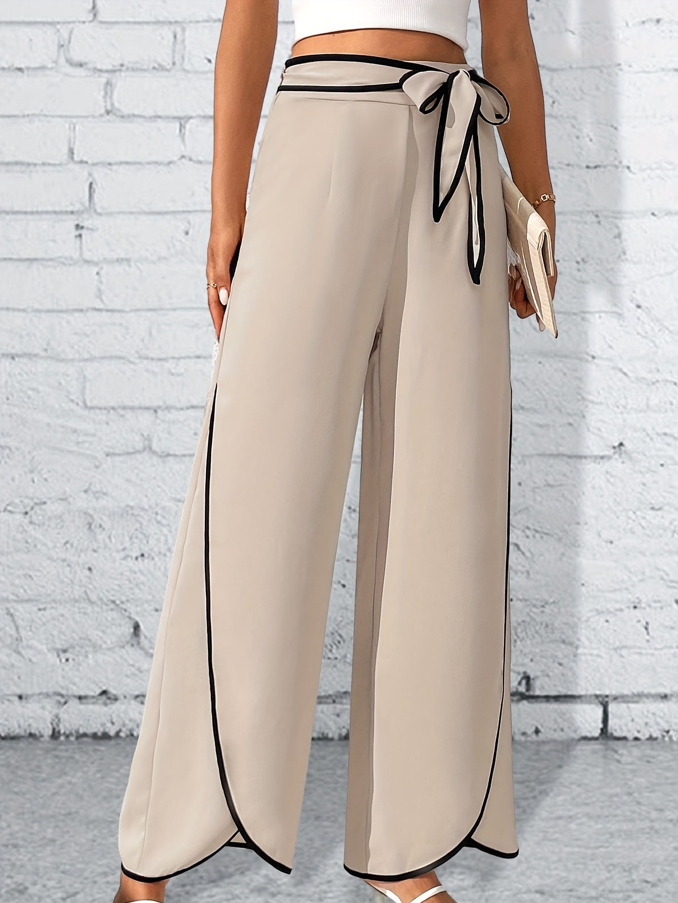 vlovelaw  Contrast Trim Lace Up Pants, Elegant High Waist Wide Leg Pants, Women's Clothing