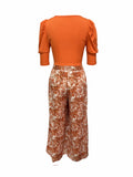 vlovelaw  Casual Spring & Fall Two-piece Set, Solid Puff Sleeve Tops & Floral Print Palazzo Pants Outfits, Women's Clothing