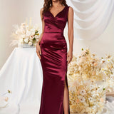 Solid V Neck Dress, Elegant Sleeveless Split Bodycon Dress For Party & Banquet, Women's Clothing