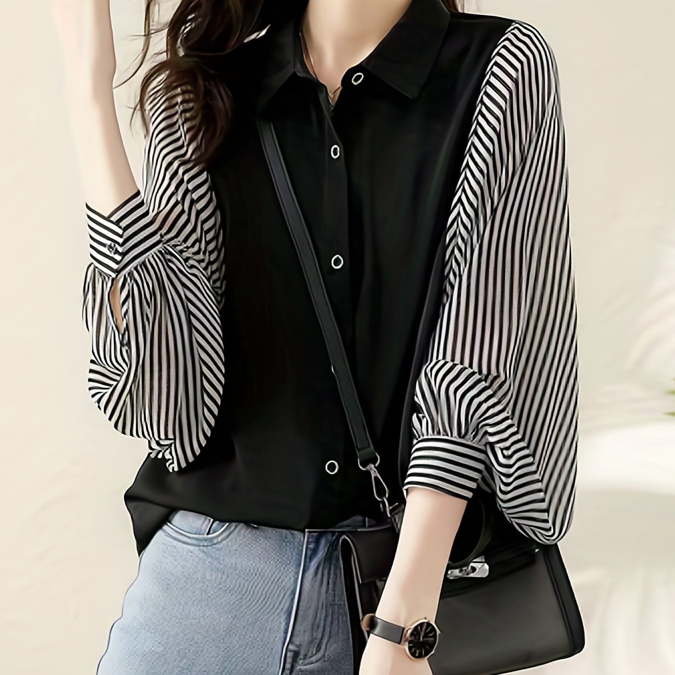 Striped Print Splicing Shirt, Casual Button Front Long Sleeve Shirt, Women's Clothing