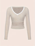 2 Pcs Ribbed V Neck Slim Crop Top - Casual Contrast Trim Long Sleeve T-Shirt for Women, Perfect for Spring and Fall, Comfortable and Stylish Clothing