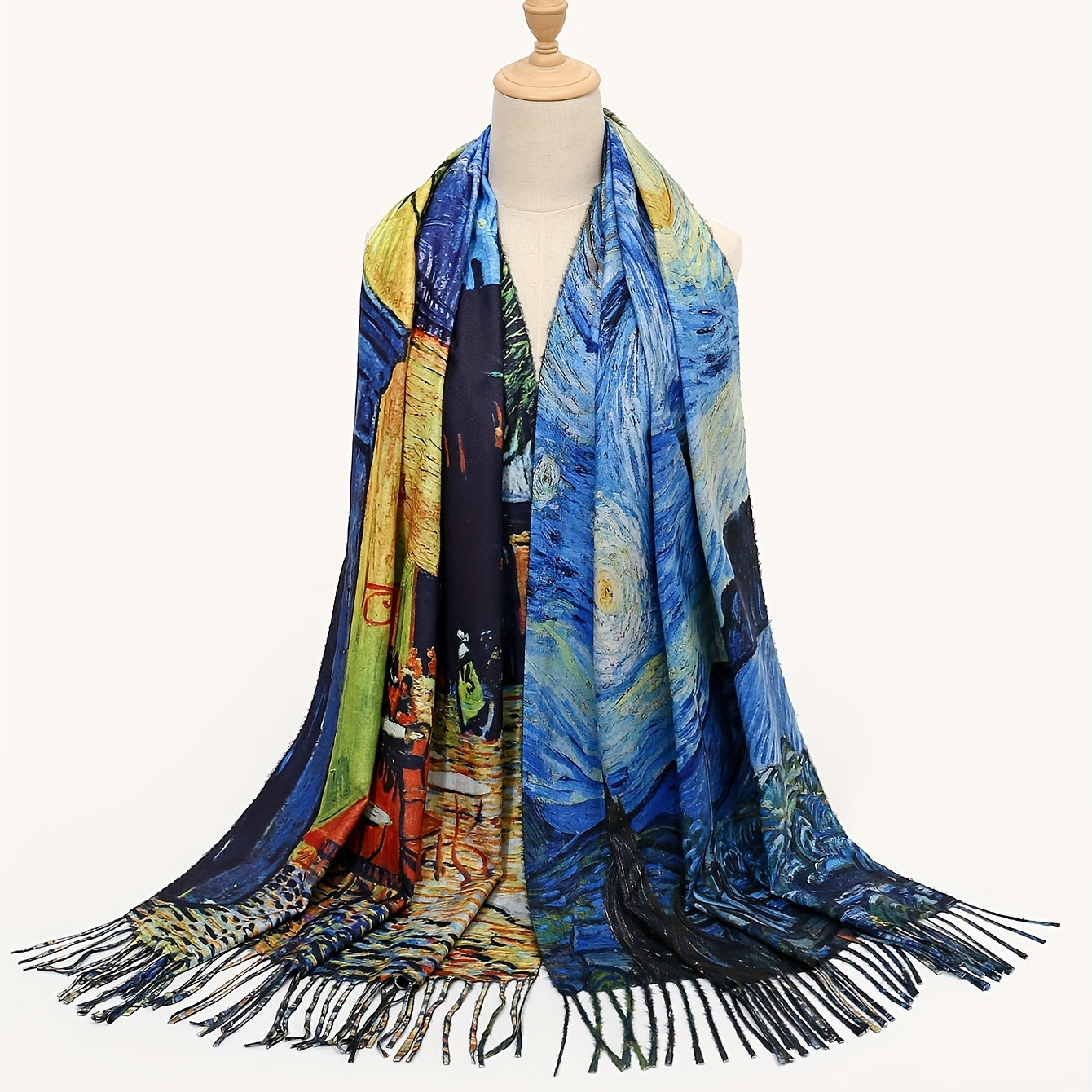 Vintage Van Gogh Inspired Scarf - Vibrant Art Print, Unique Tie Dye, Elegant Tassel Shawl, Coldproof and Soft Neck Guard - Perfect for Autumn and Winter, Timeless Classic Style with a Modern Twist