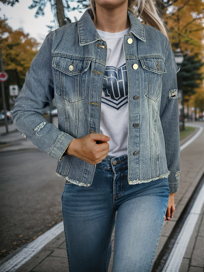 vlovelaw  Long Sleeves Lapel Denim Coat, Ripped Holes Frayed Hem Casual Denim Jacket, Women's Denim Clothing