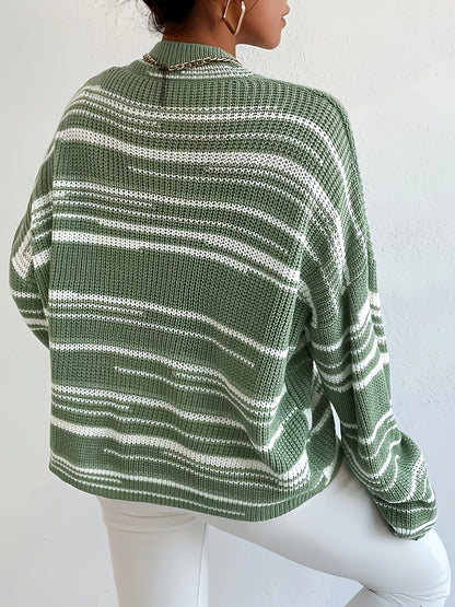 vlovelaw  Striped Crew Neck Pullover Sweater, Casual Long Sleeve Drop Shoulder Loose Sweater, Women's Clothing