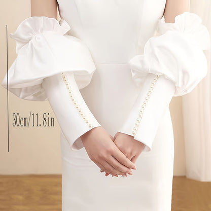 vlovelaw  1pair French Style White Bridal Satin Fabric Puff Sleeve With Faux Pearl Detail, Perfect For Wedding Photoshoot Or Covering Arms