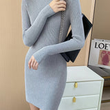 vlovelaw  Elegant Solid Turtleneck Bodycon Dress, Long Sleeve Casual Every Day Dress For Winter & Fall, Women's Clothing