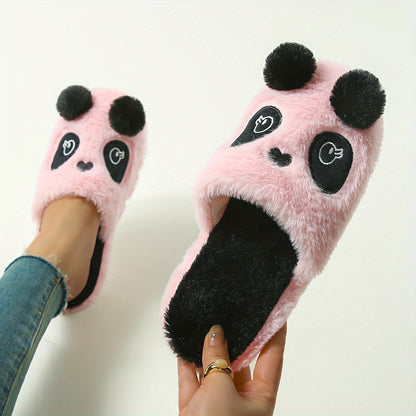 Cute Cartoon Panda Fluffy Home Slippers, Soft Sole Closed Toe Plush Lined Shoes, Non-slip Bedroom Mute Slippers, Winter & Autumn