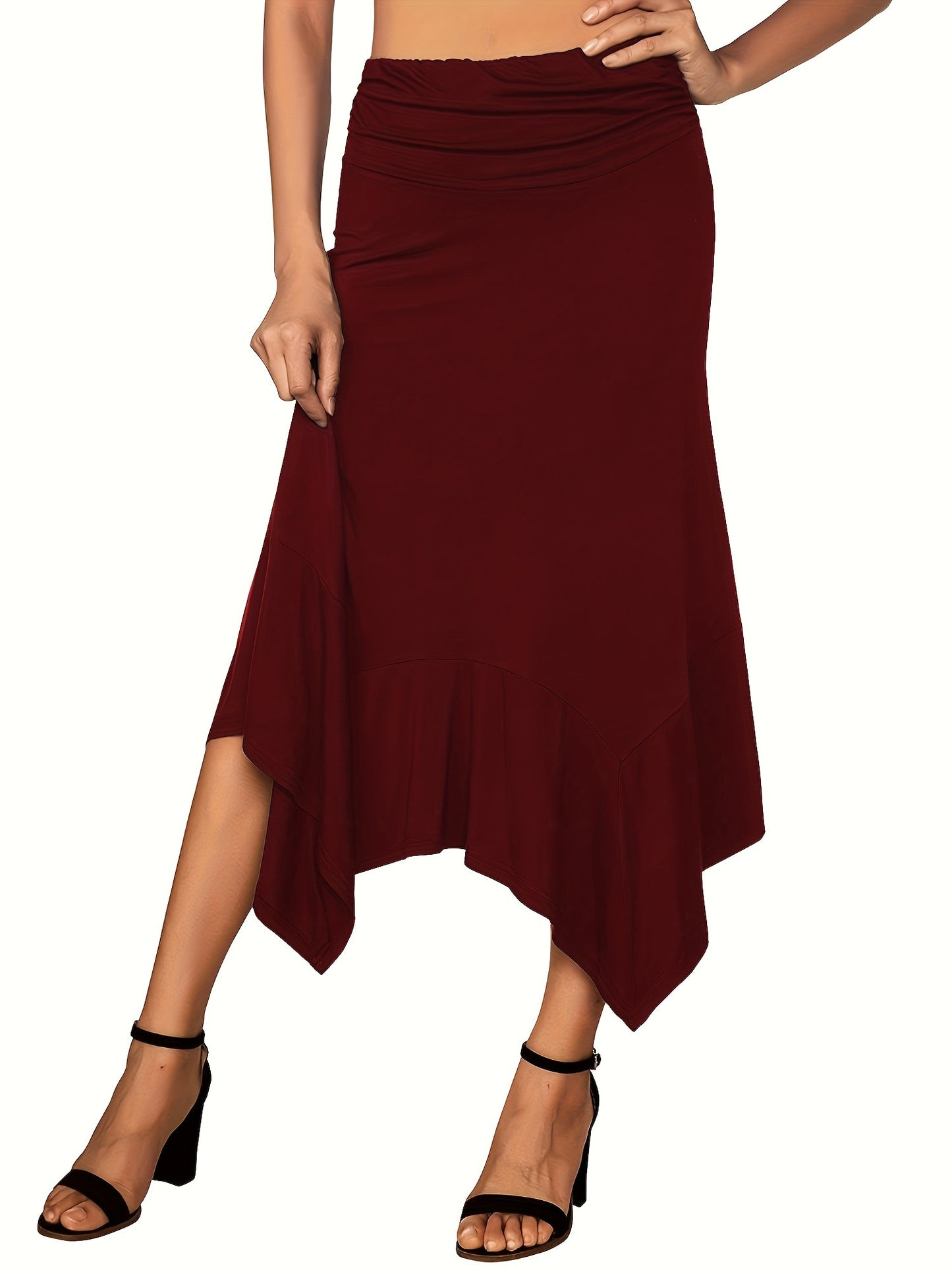 Solid Asymmetrical Hem Skirts, Casual Ruched Midi Skirts, Women's Clothing