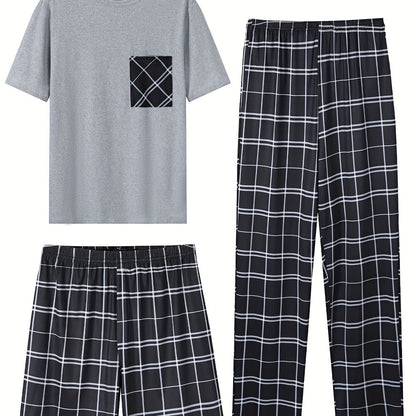 3-Piece Men's Comfort Loungewear Set - Trendy Short Sleeve Crew Neck T-Shirt, Plaid Stretchy Shorts & Pants - Relaxed Elastic Waistband - Casual Home Wear