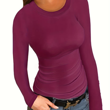 vlovelaw Solid Ribbed Long Sleeve Skinny T-shirt, Versatile Crew Neck Slim Top, Women's Clothing