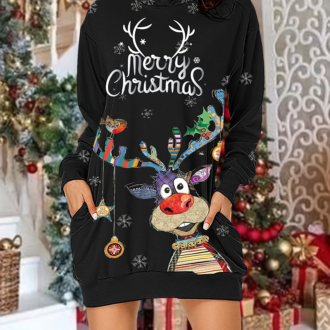 vlovelaw  Christmas Print Casual Hoodie Dress Long Sleeve Hooded Dress