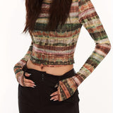 Stripe Print Crew Neck Crop T-Shirt, Casual Long Sleeve Top For Spring & Fall, Women's Clothing