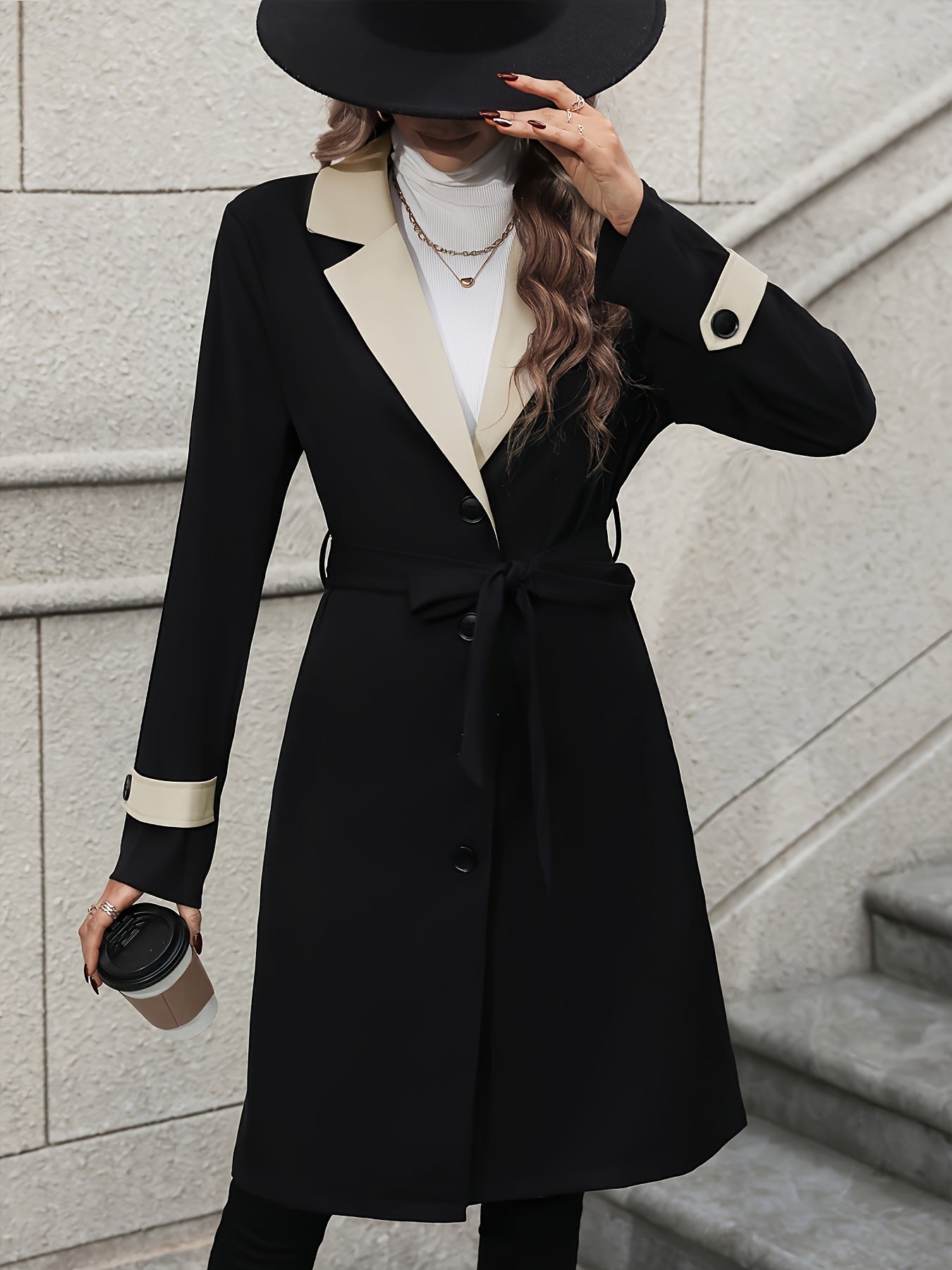 vlovelaw  Button Front Contrast Trim Trench Coat, Casual Long Sleeve Trench Coat, Women's Clothing